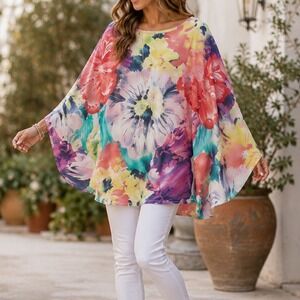 Rainbow Womens Large Floral Watercolor Cape Large Artsy Art to Wear Boho Retro